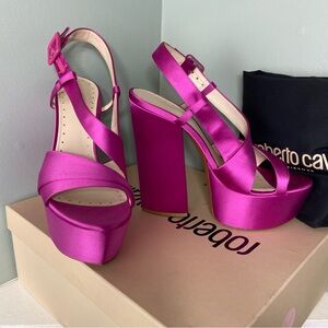 Roberto Cavalli Fuchsia Pink Zocc Satin Platform Sandals Leather High Heels Sz 8